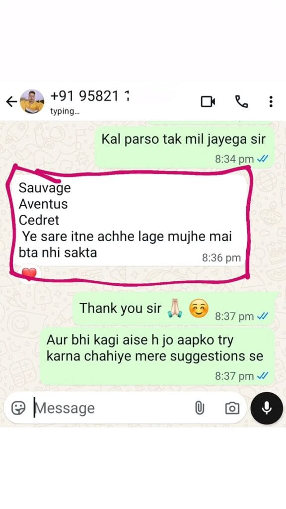 Follow Me Perfumes customer testimonial on WhatsApp